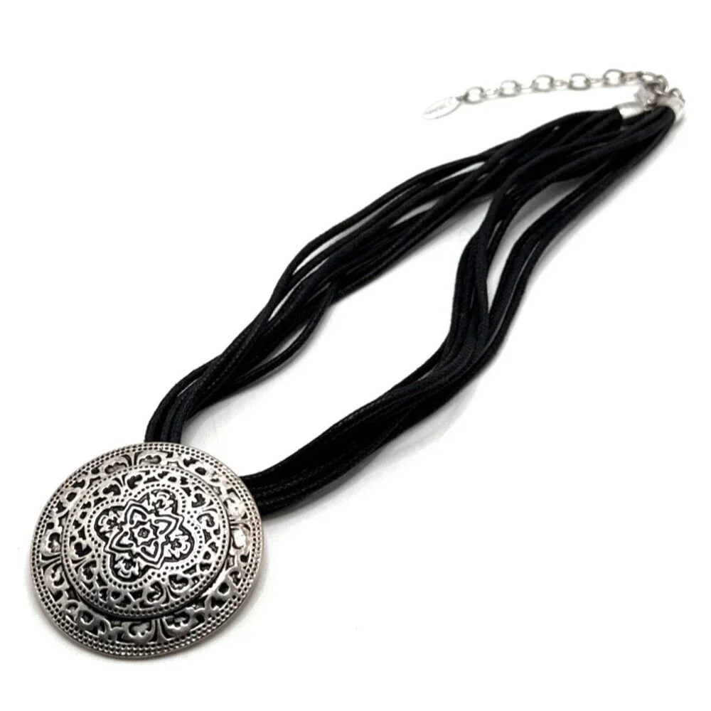 Vintage St. Thomas Pendant Necklace Ornate Amulet Multi Strand Black Cord 20”